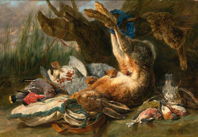 gamepiece with a hare and various wild birds a cat approaching from the right